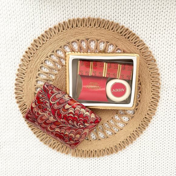 Elizabeth Arden Red Ceramic Plumberry Spice NOS Trinket Box Soaps Beads Set